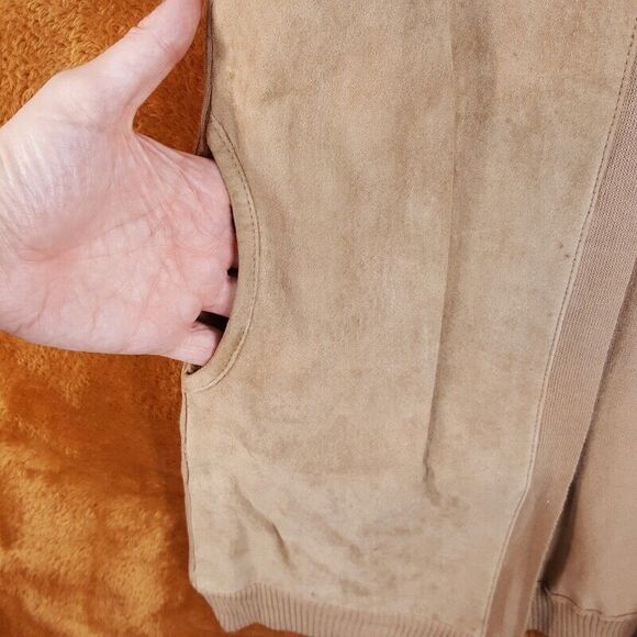 XETRA Womens Vest Large Tan Suede Tunic Open Stretch Knit Body Pockets - Picture 2 of 9